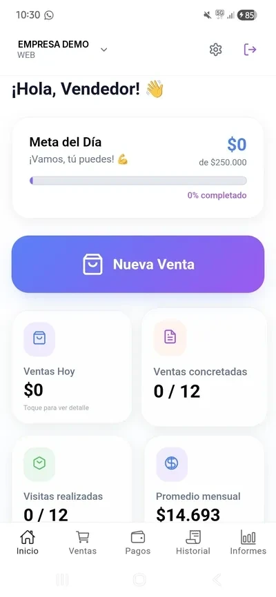 Inicio de Ramaflex Móvil IA: meta del día con su porcentaje de avance, ventas del día, ventas concretadas y visitas realizadas sobre las planificadas, y promedio mensual del vendedor