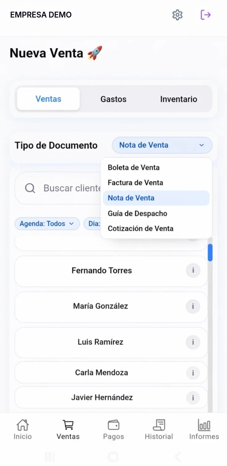 Ramaflex Móvil IA al iniciar una venta: pestañas de ventas, gastos e inventario, selector de documento con boleta, factura, nota de venta, guía de despacho y cotización, y la lista de clientes del vendedor