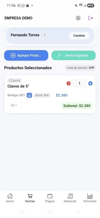 Pedido en Ramaflex Móvil IA con el botón de venta sugerida, la lista de precios asignada al cliente y, por producto, la bodega, el stock disponible y el subtotal