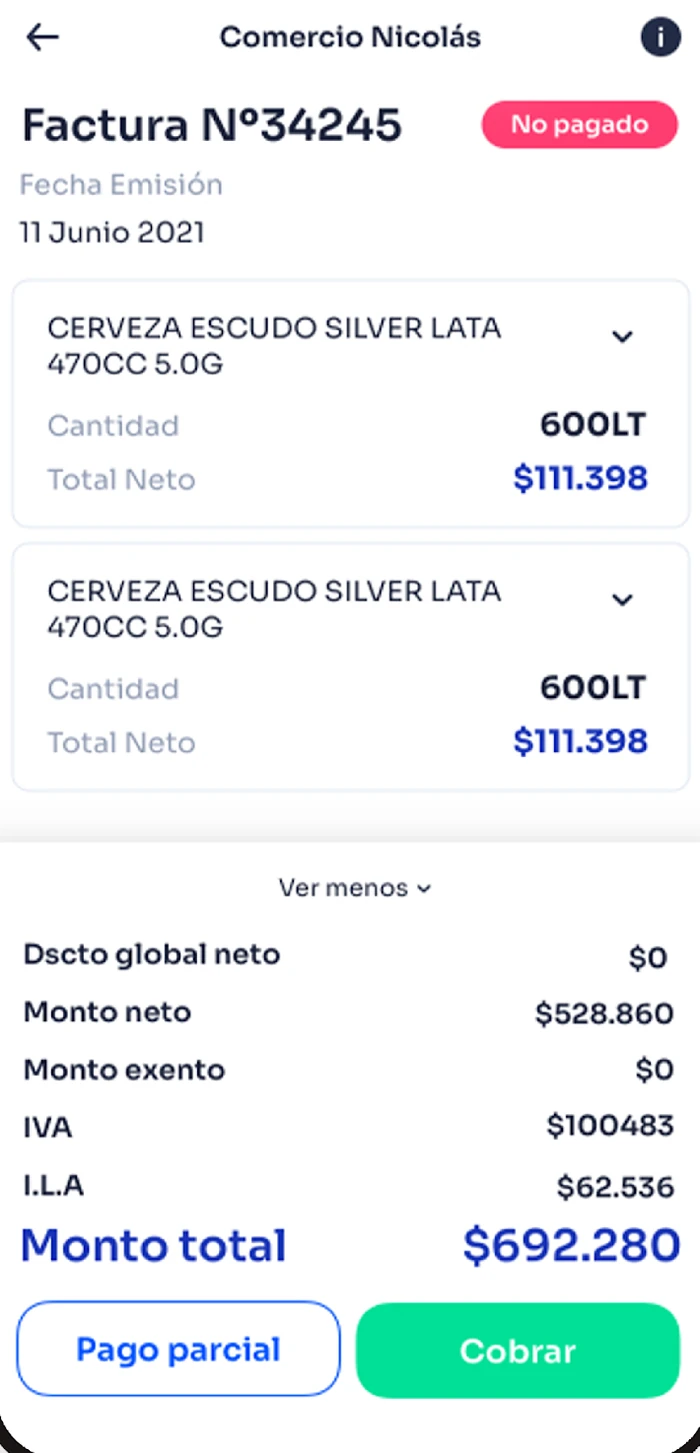 Factura en Ordéname Pay con productos, cantidades, monto neto, IVA, impuesto específico, monto total y los botones Pago parcial y Cobrar