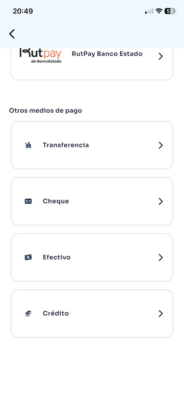 Medios de pago de Ordéname Pay: RutPay de BancoEstado, transferencia, cheque, efectivo y crédito