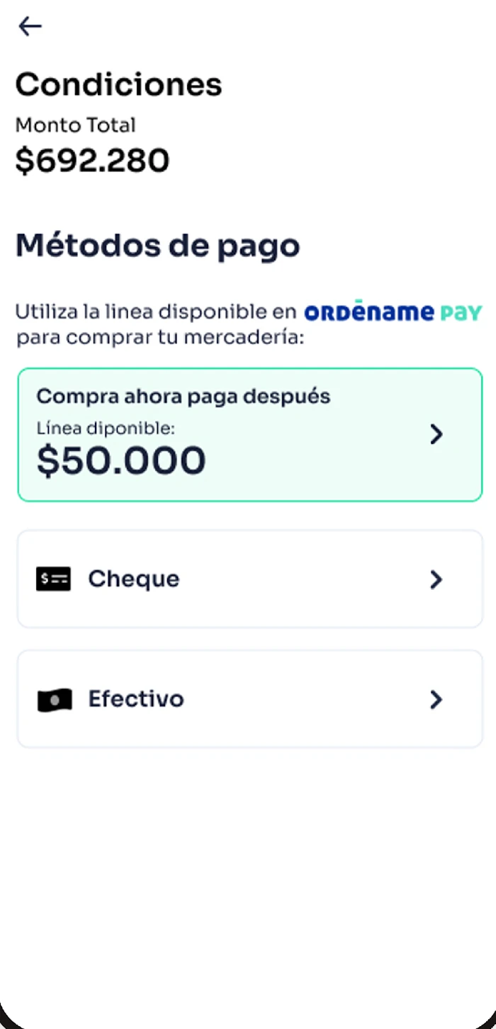 Métodos de pago en Ordéname Pay: la línea Compra ahora paga después con su cupo disponible, junto a cheque y efectivo