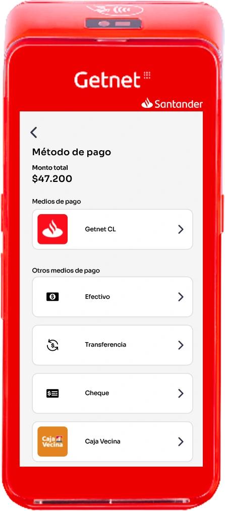 Ordéname Pay en un terminal de pago con el monto total y los medios disponibles: tarjeta, efectivo, transferencia, cheque y Caja Vecina