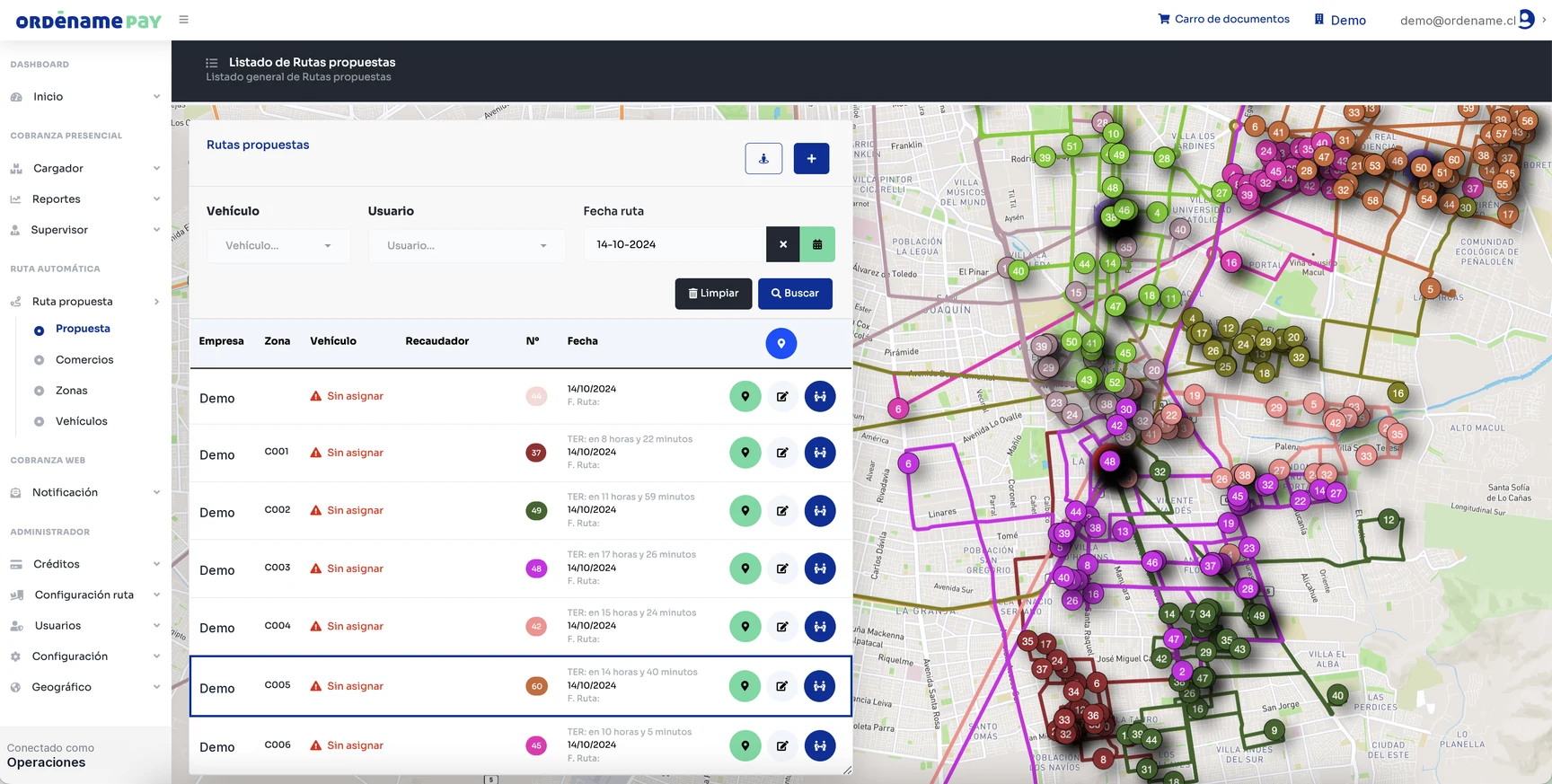 Ordéname Pay en la web: rutas propuestas por zona con su vehículo y fecha, junto al mapa con los puntos de visita de cada recorrido
