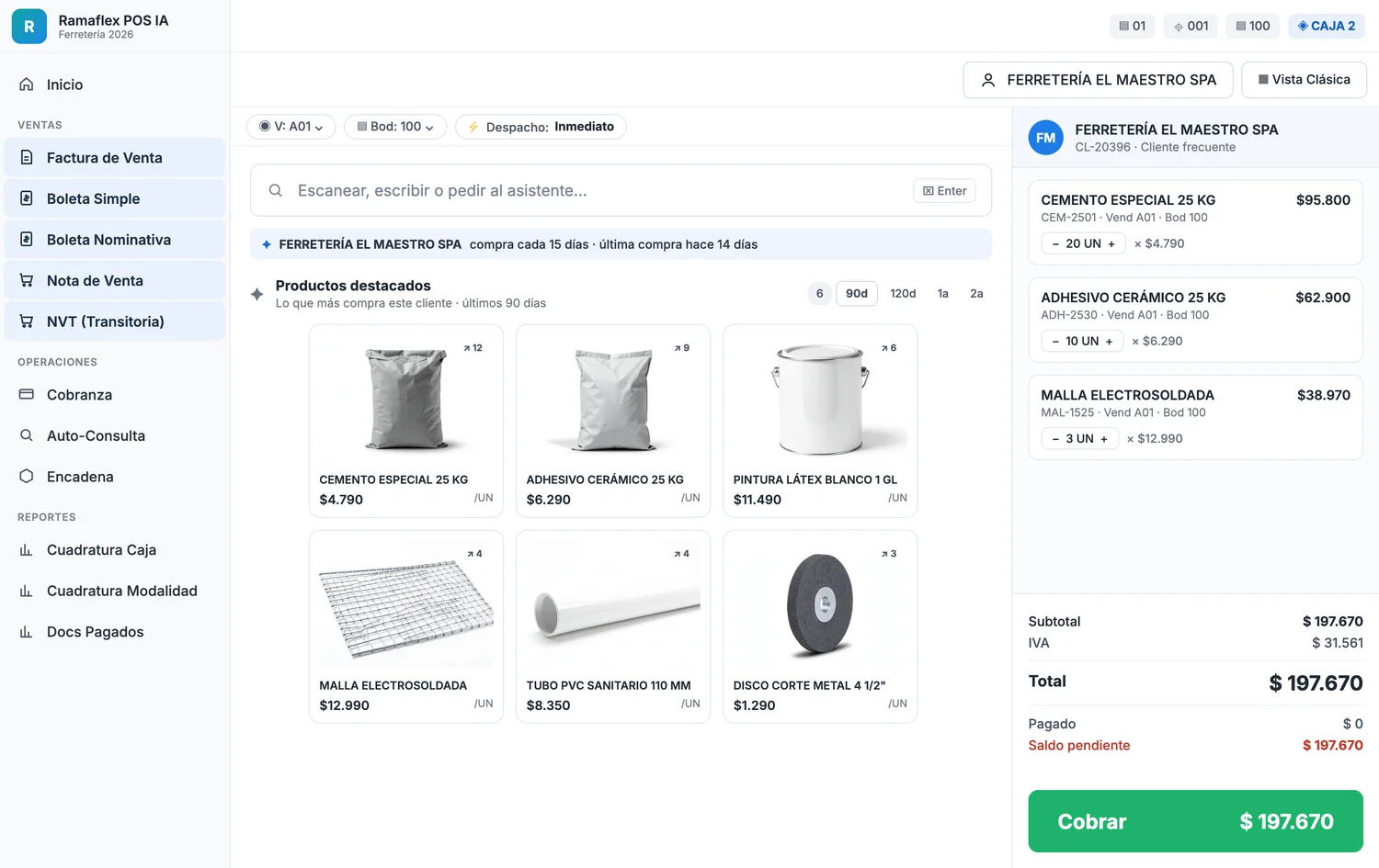 Ramaflex POS IA durante una venta: el cliente asignado con su frecuencia de compra y fecha de última compra, los productos que más compra en los últimos 90 días y el carro con el total por cobrar