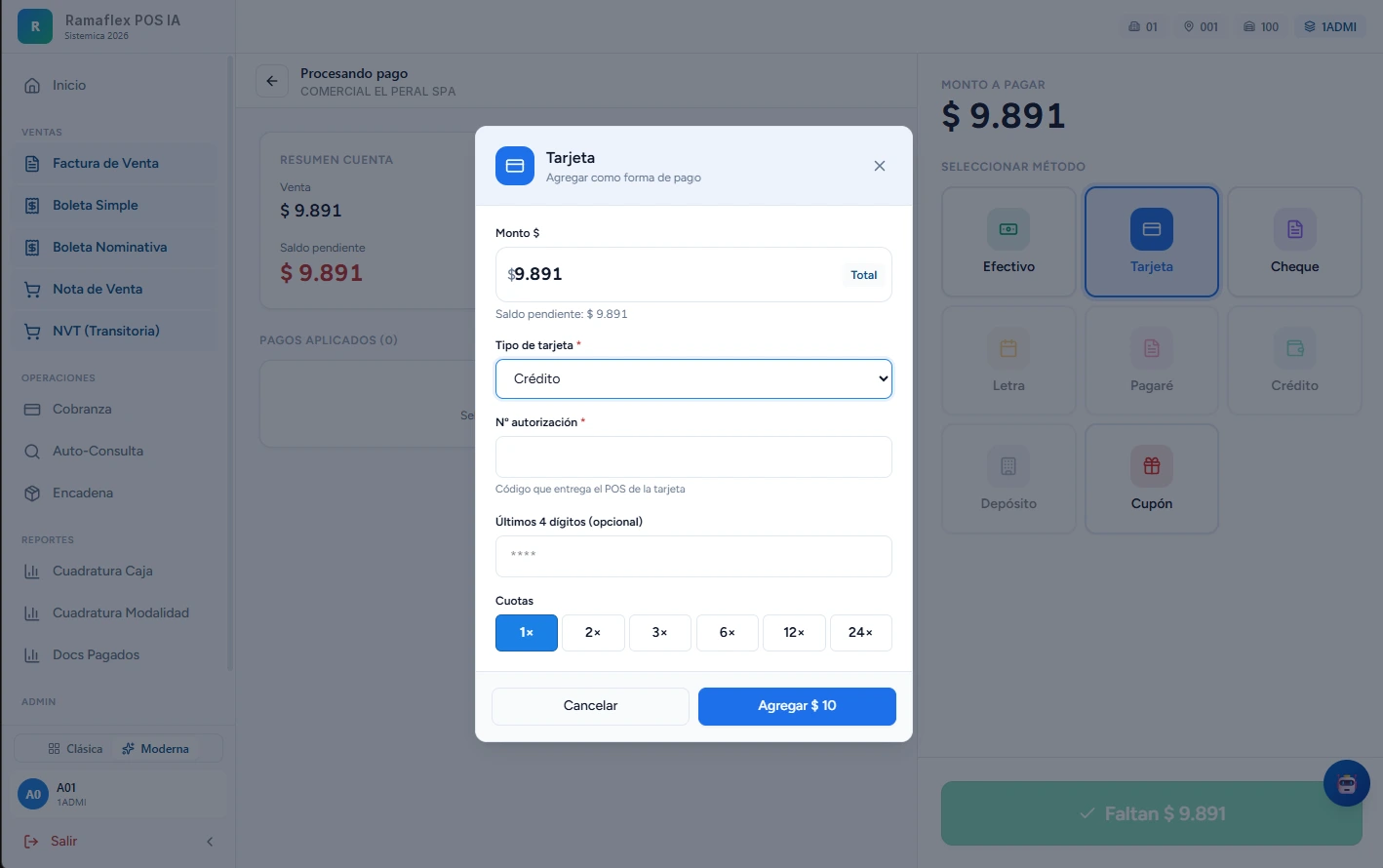 Registro de un pago con tarjeta en Ramaflex POS IA: monto, tipo de tarjeta, número de autorización entregado por el terminal, últimos cuatro dígitos y cuotas de 1 a 24