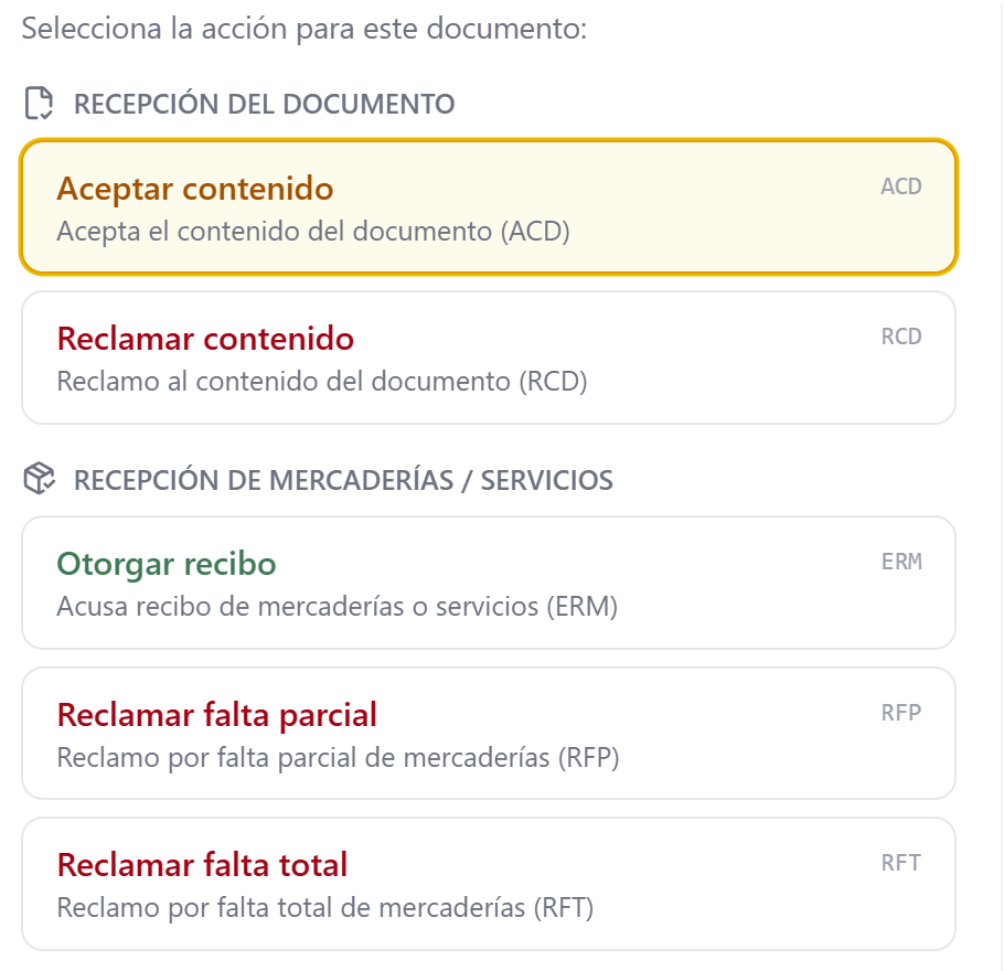 Selección de la acción sobre una factura recibida en SkillDTE: aceptar contenido, reclamar contenido, otorgar recibo de mercaderías o servicios, y reclamar falta parcial o total