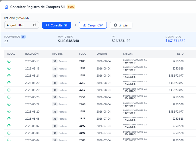 Consulta del registro de compras del SII en SkillDTE para un período: cantidad de documentos, monto neto, IVA y total, con cada factura recibida y su marca de contabilizada